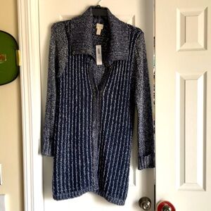 CHICOS Women's Blue Sweater Cardigan w/chain detail Sz 2 NWT